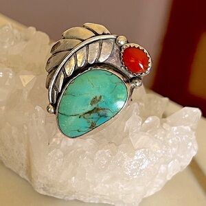 Vintage 1930s Sterling Silver Turquoise & Coral Ring - size 7